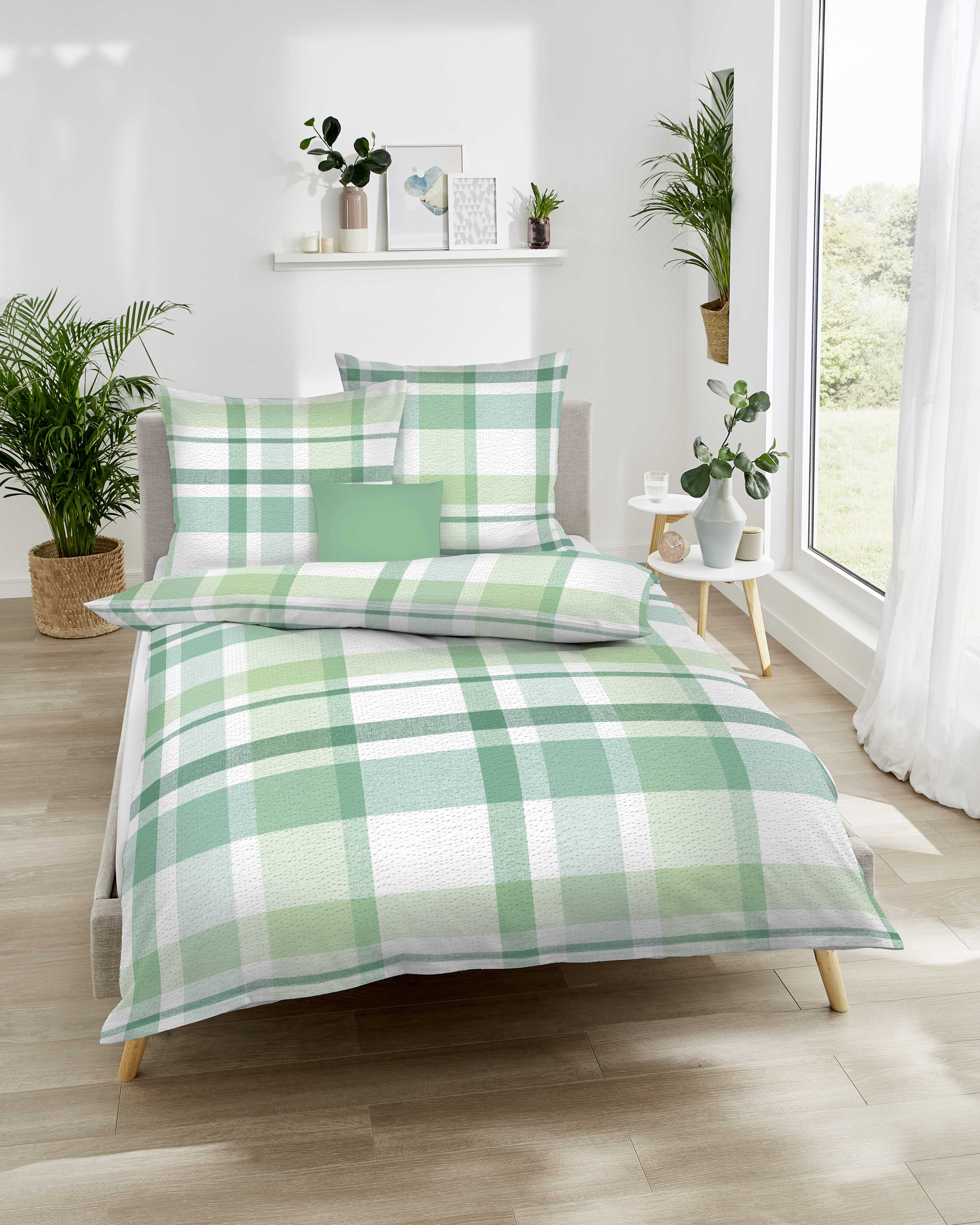 Seersucker Baumwolle Bettwäsche mit Karo-Muster in Grün