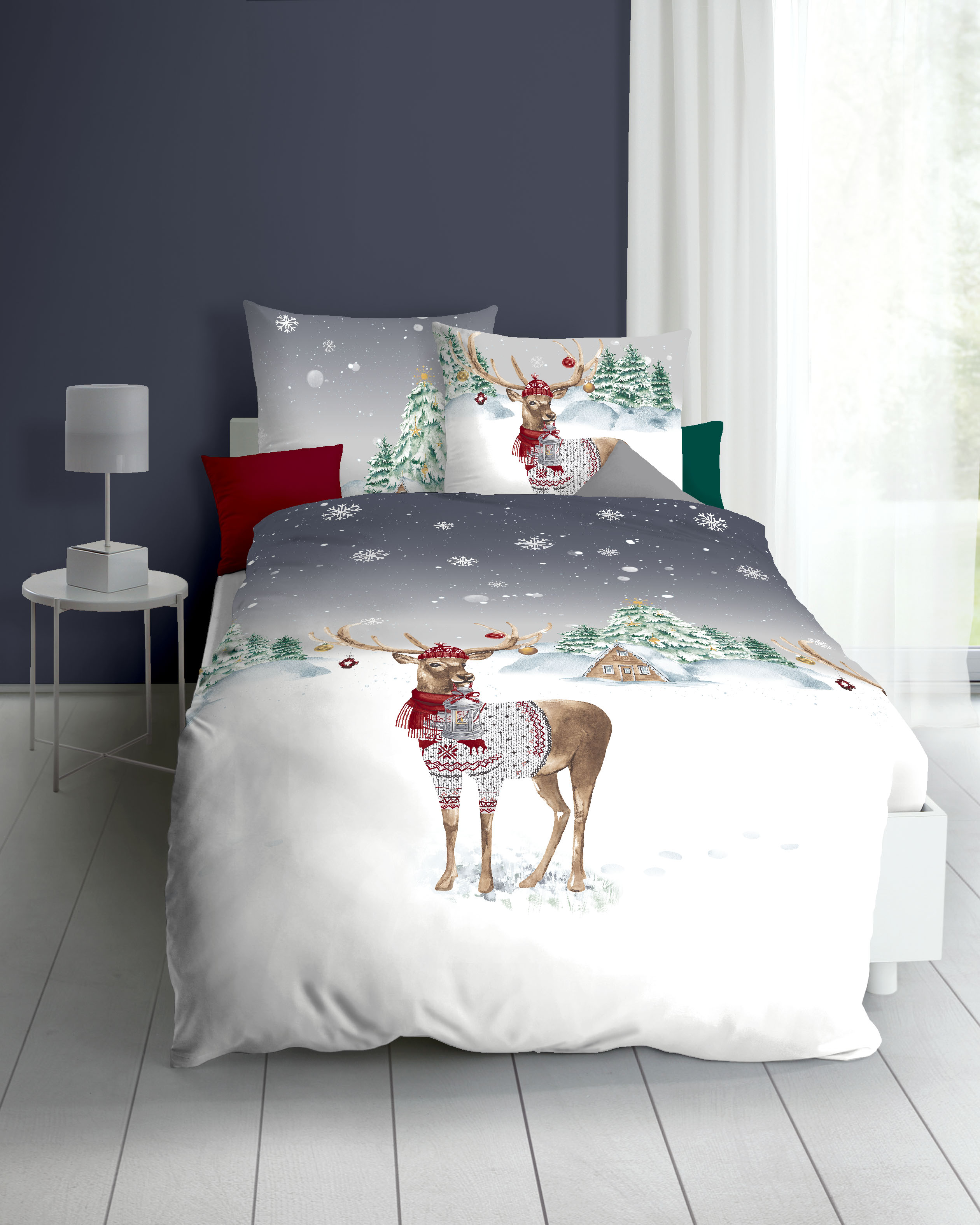 Biber Bettwäsche mit Weihnachtshirsch 525 grau
