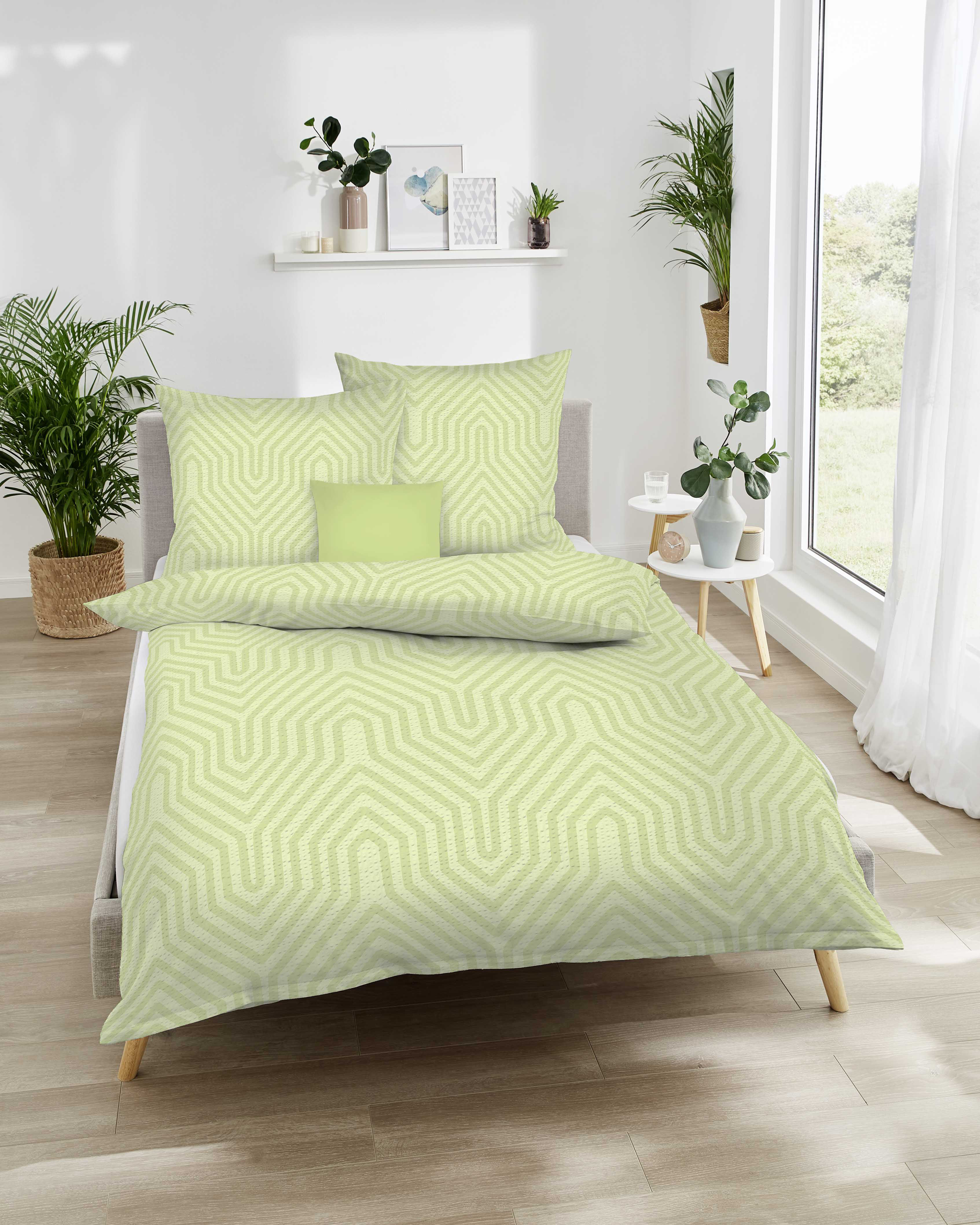 Seersucker Baumwolle Bettwäsche mit Grafik-Muster in Grün 