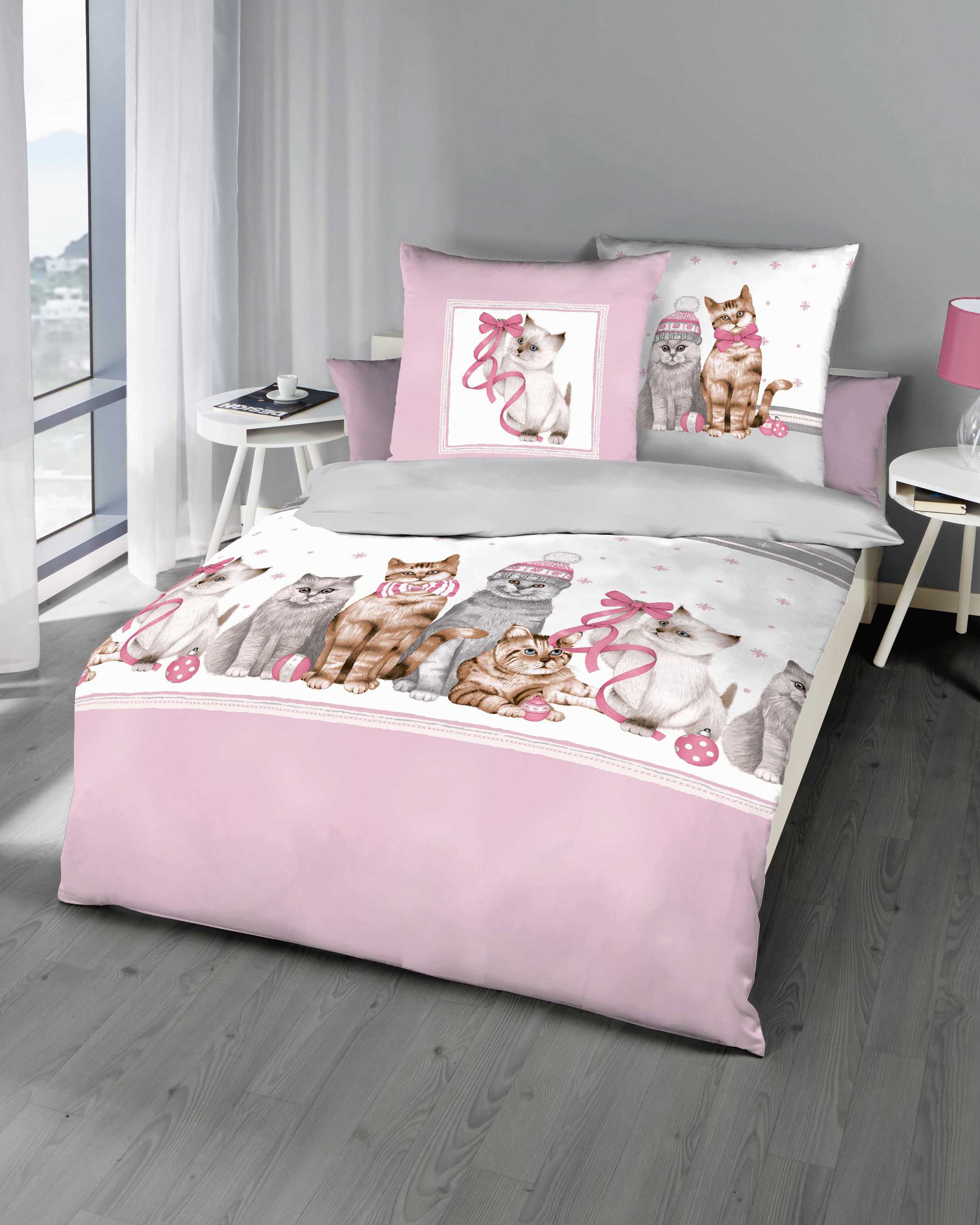 Biber Bettwäsche Katzen rosé