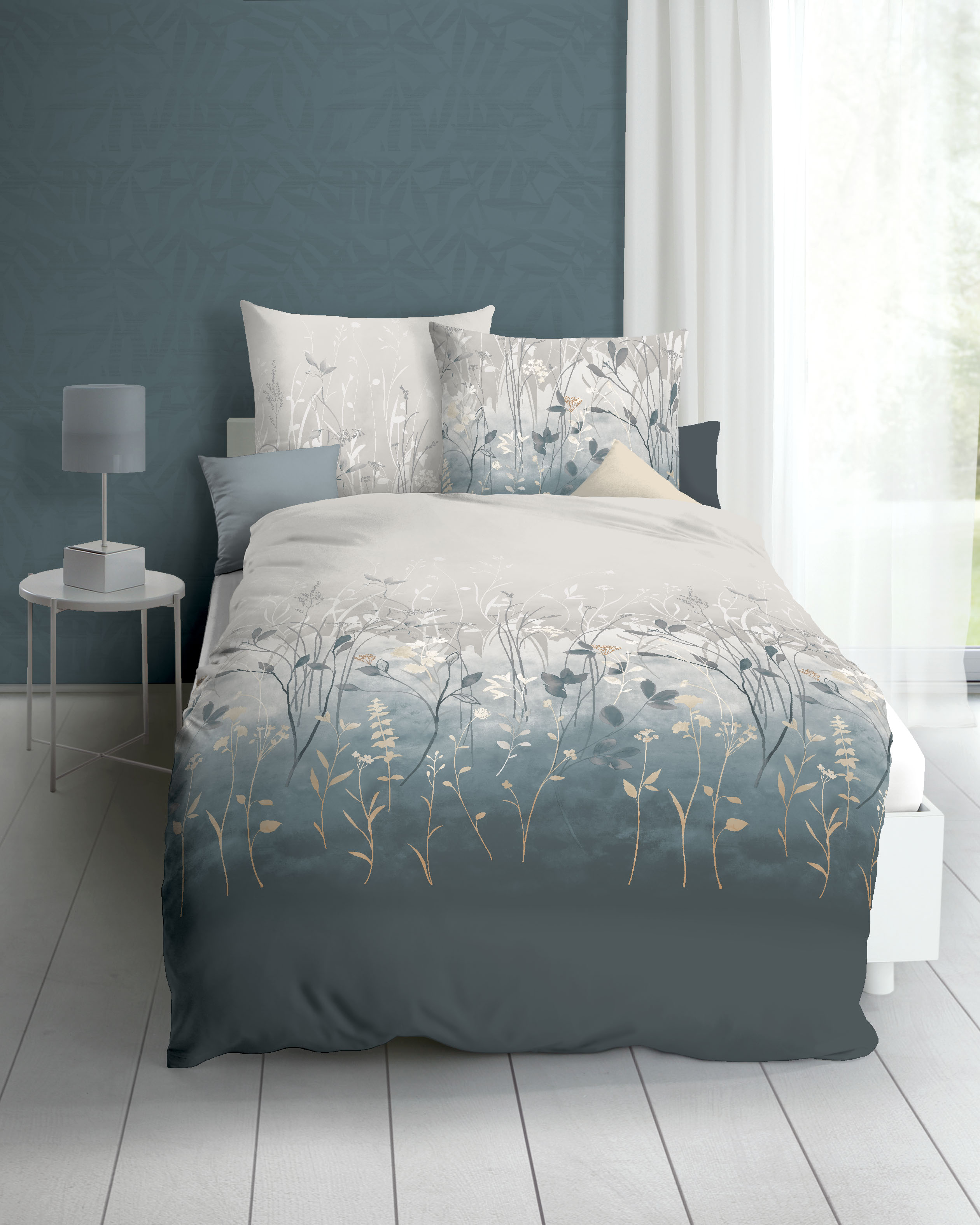 Biber Bettwäsche mit floralem Motiv 443 taube-grau