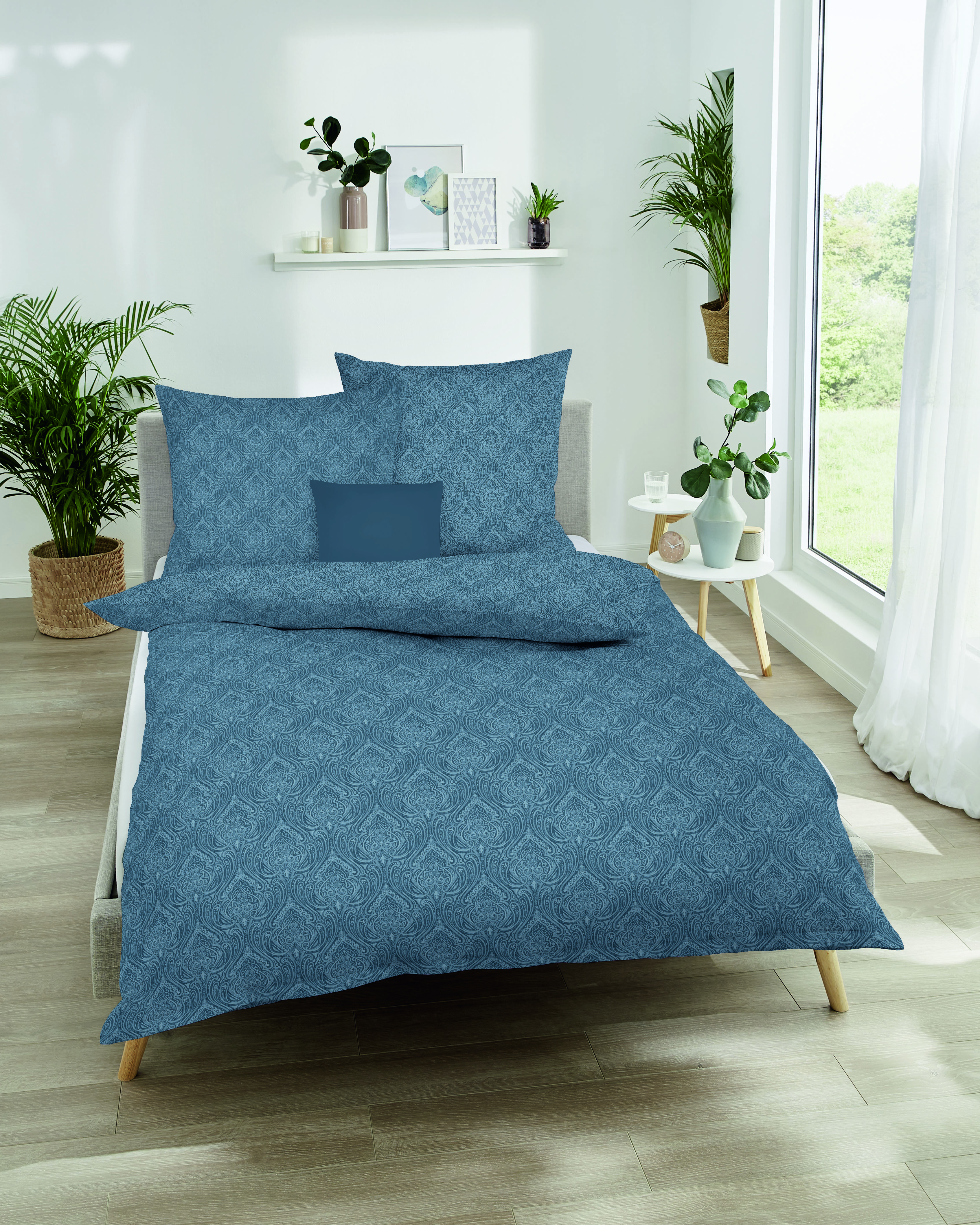 Biber Bettwäsche mit Allover Ornament-Muster A429-551 aqua-blau