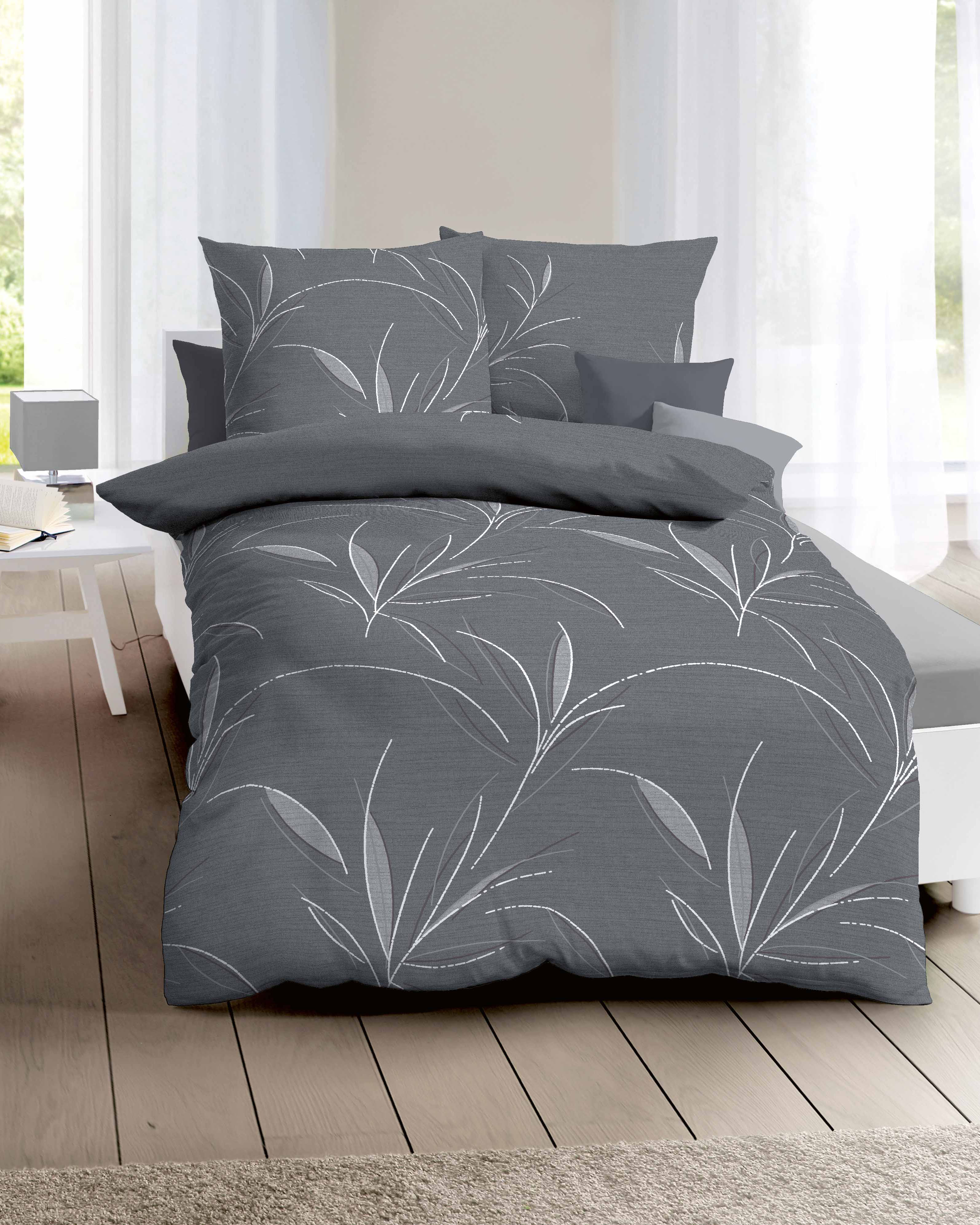 Mako Satin Bettwäsche 576 grau mit floralem Muster