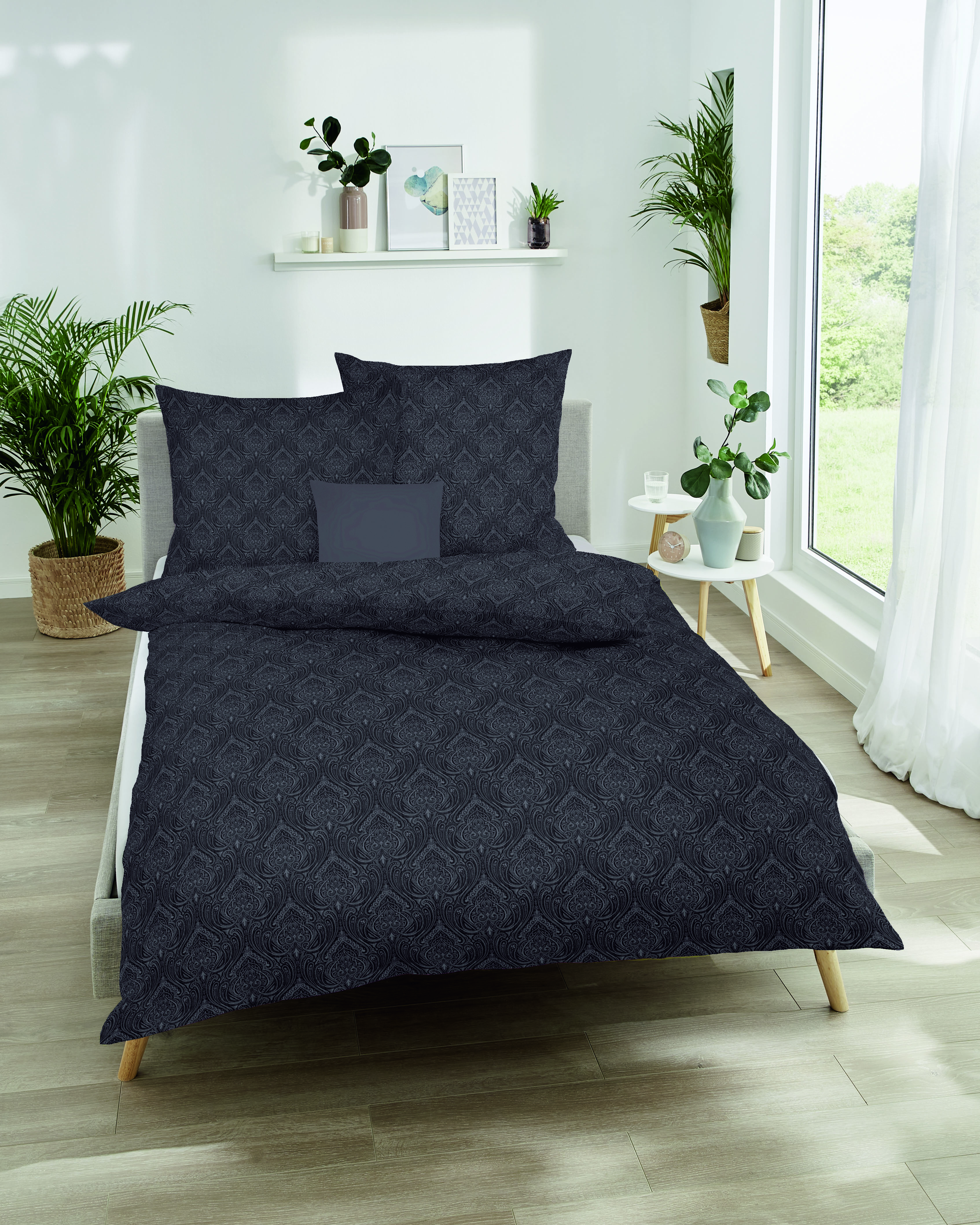 Biber Bettwäsche mit Allover Ornament-Muster A429-519 anthrazit-grau