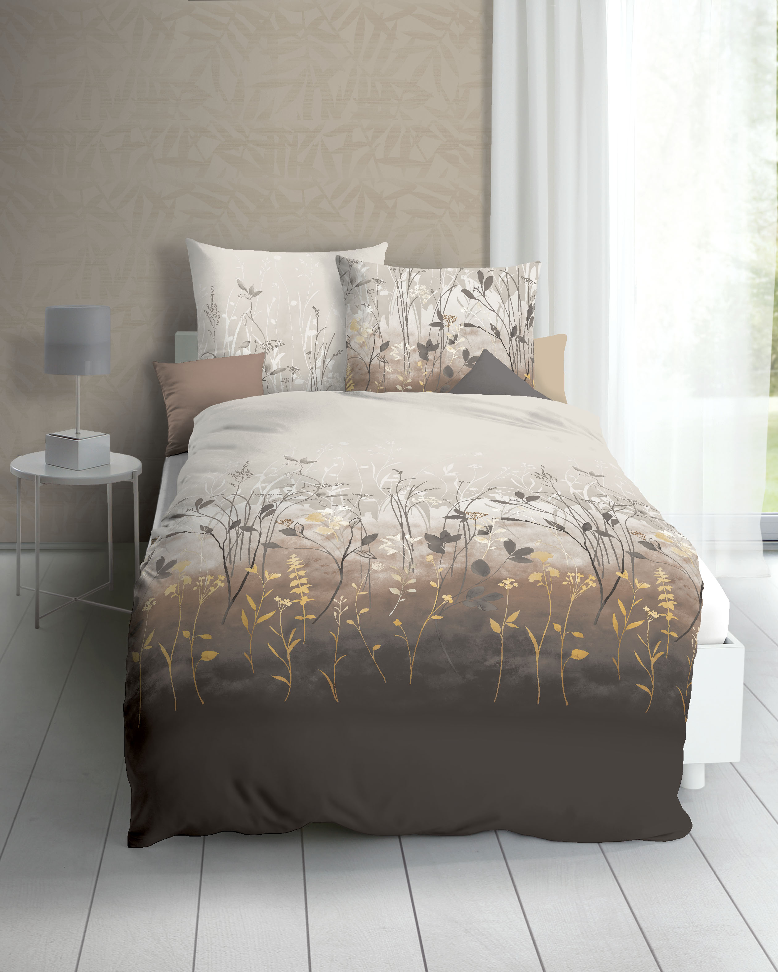 Biber Bettwäsche mit floralem Motiv 443 kiesel-braun