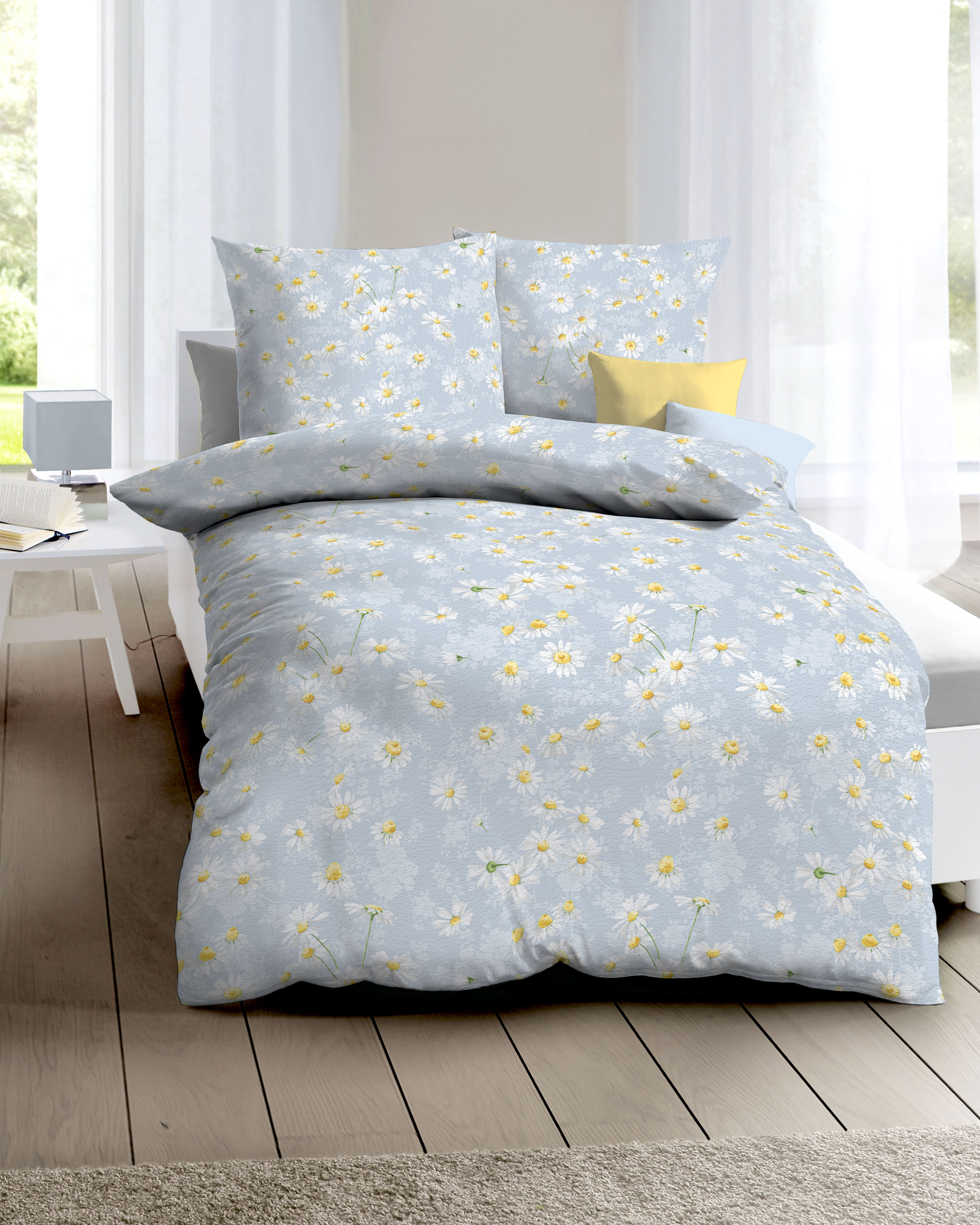 Seersucker Baumwolle Bettwäsche mit Gänseblümchen-Motiv in Hellblau