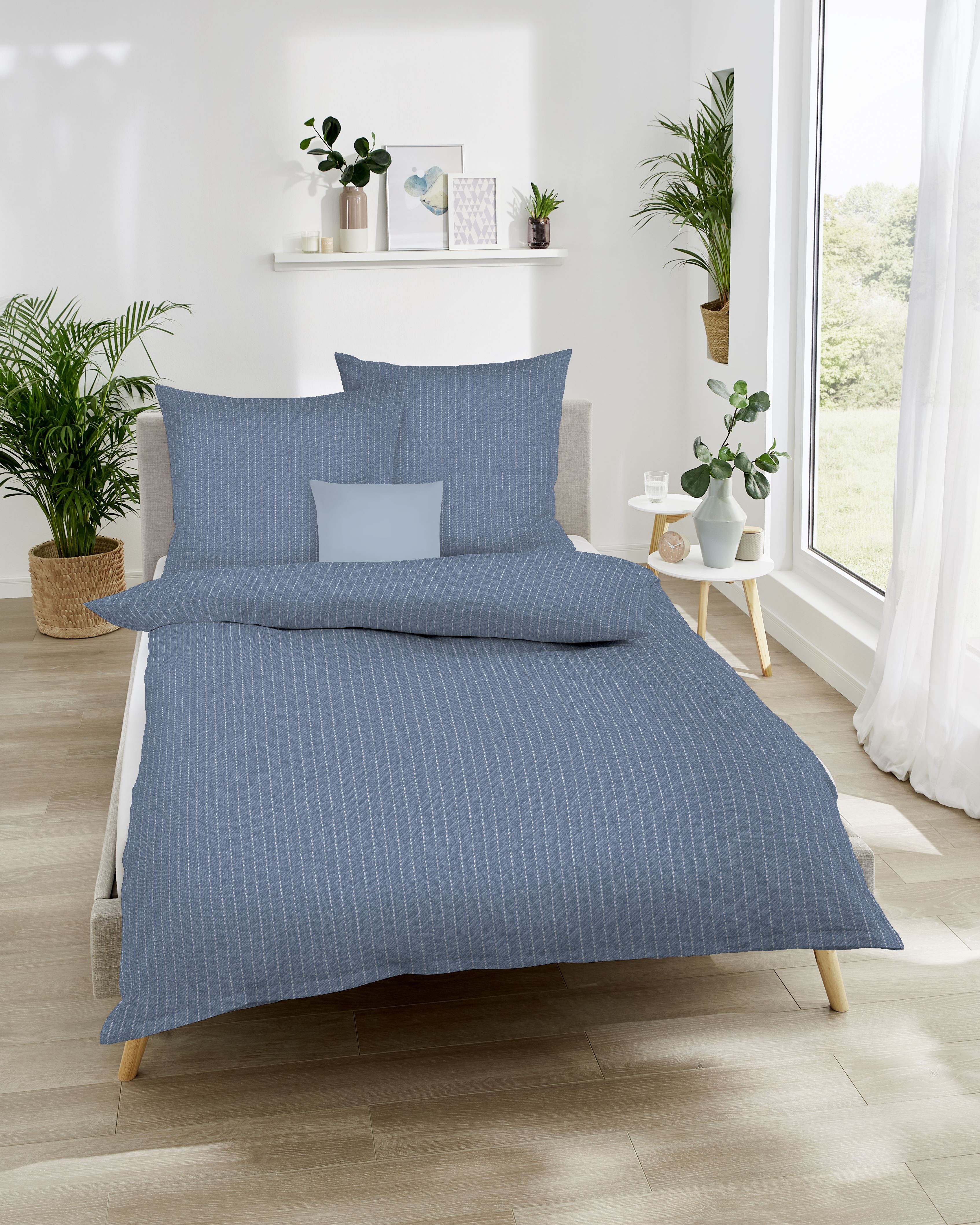 Biber Bettwäsche mit Streifen-Muster 418 blau