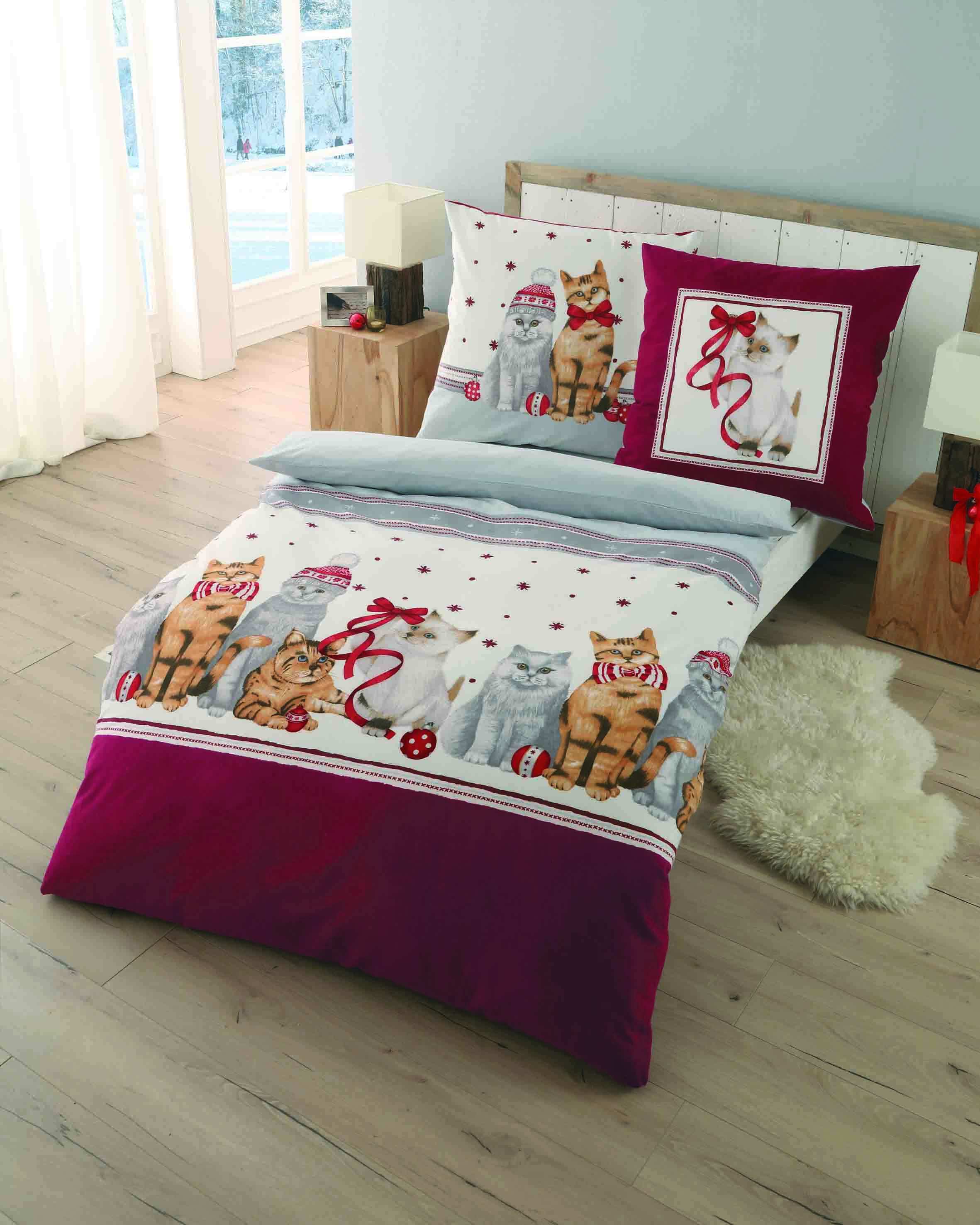 Biber Bettwäsche Katzen bordeaux
