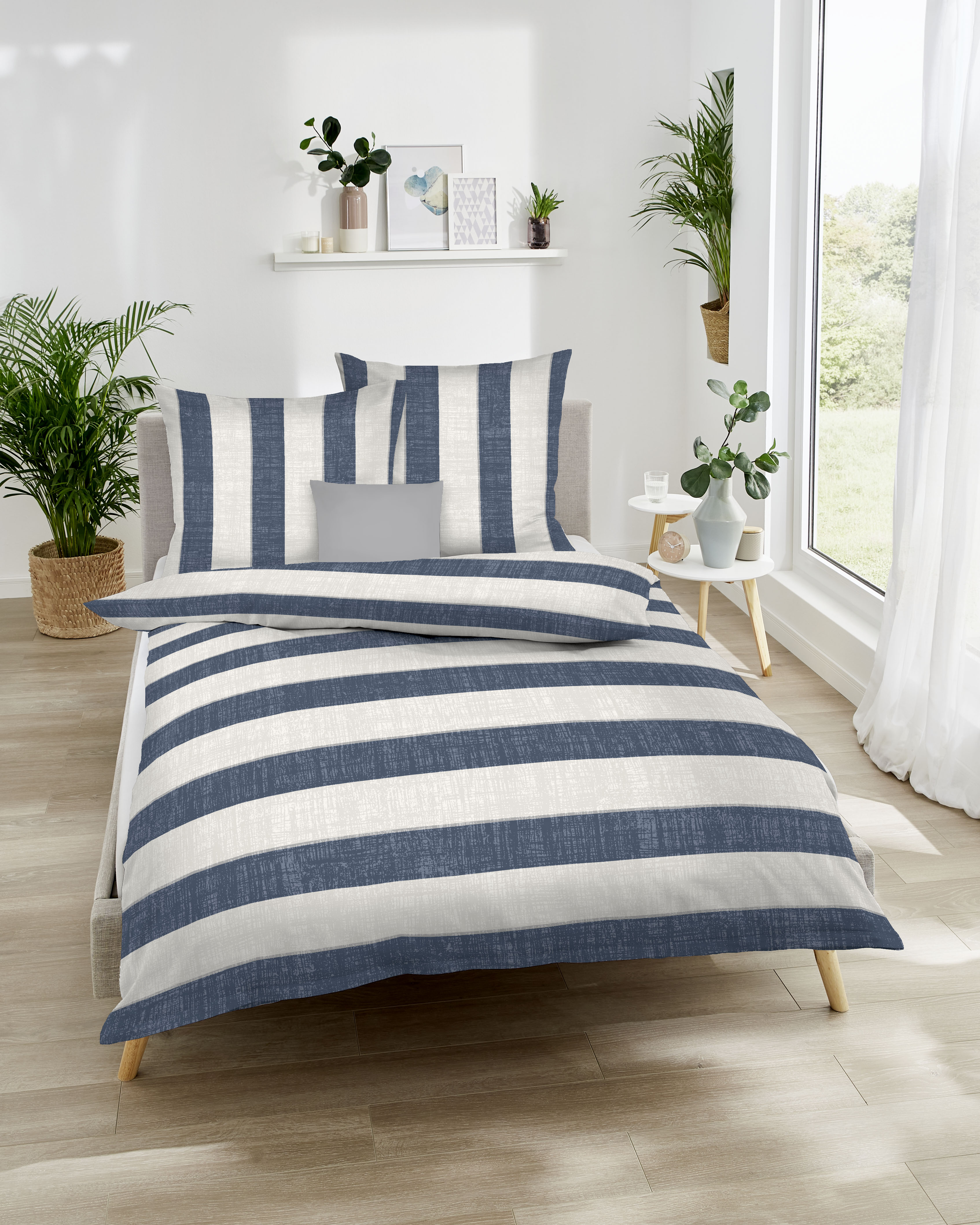 Biber Bettwäsche mit Streifen-Muster 530-511 marine-blau