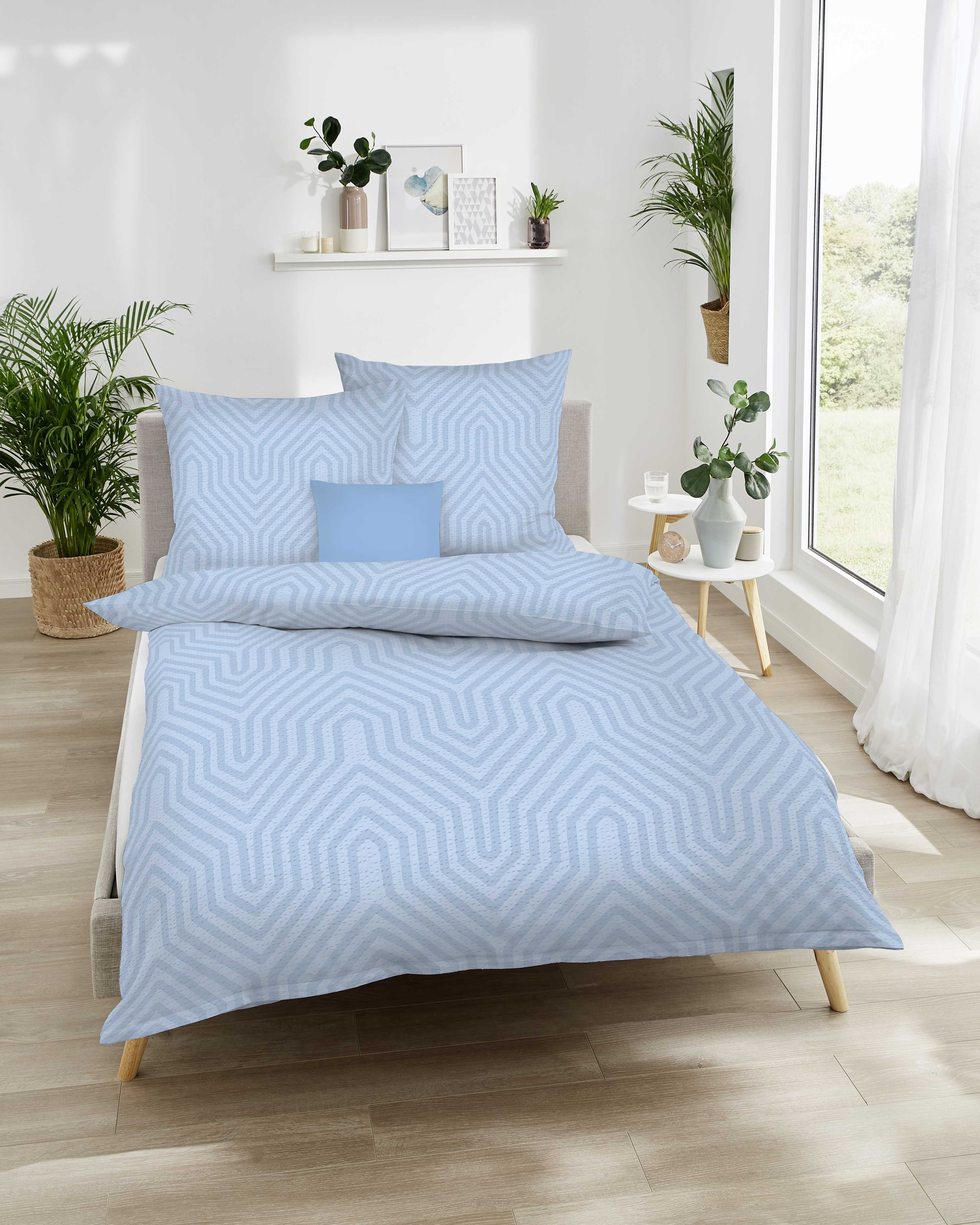 Seersucker Baumwolle Bettwäsche mit Grafik-Muster in Hellblau