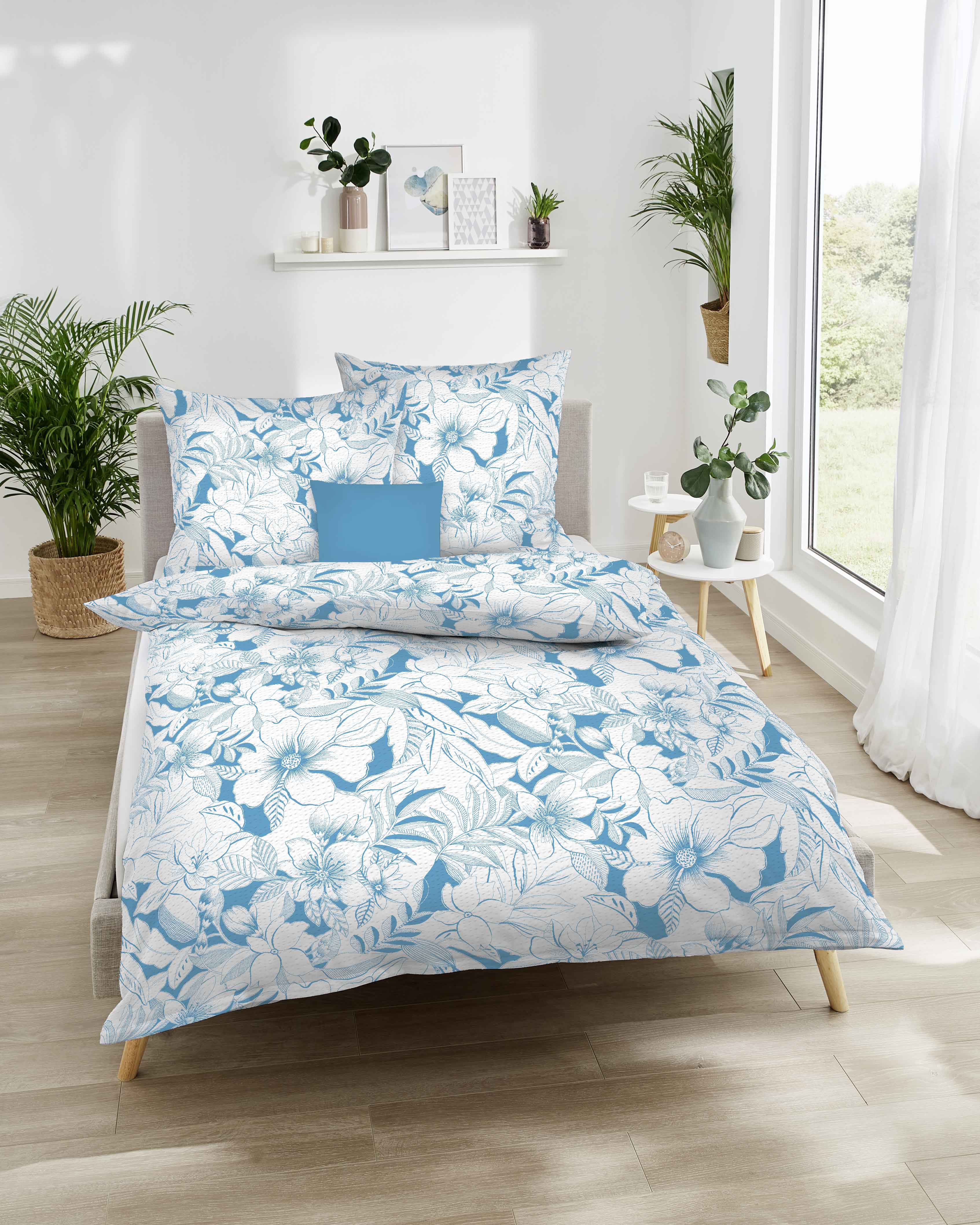 Seersucker Baumwolle Bettwäsche mit Blumen-Muster in Azur-Blau