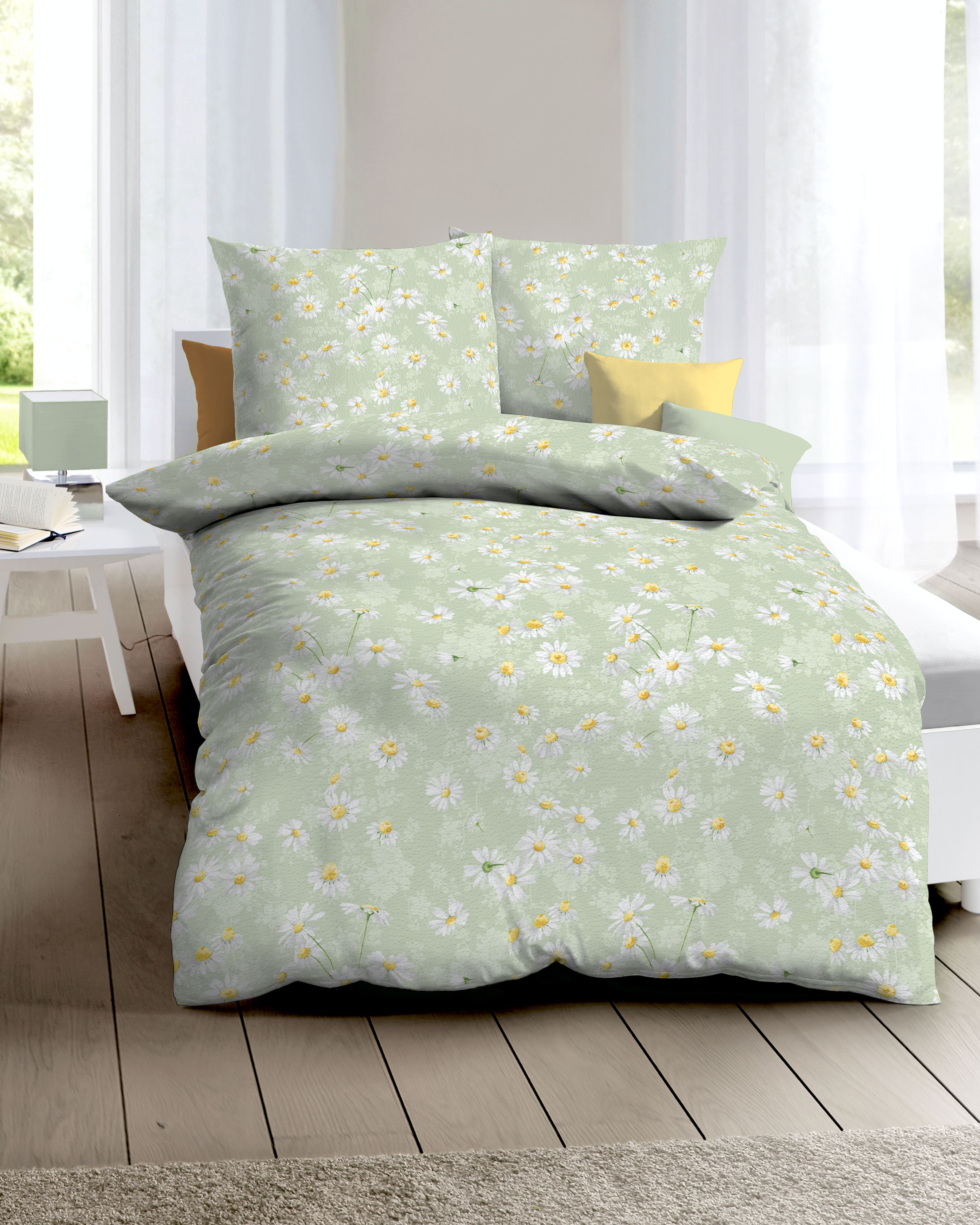 Seersucker Baumwolle Bettwäsche mit Gänseblümchen-Motiv in Grün