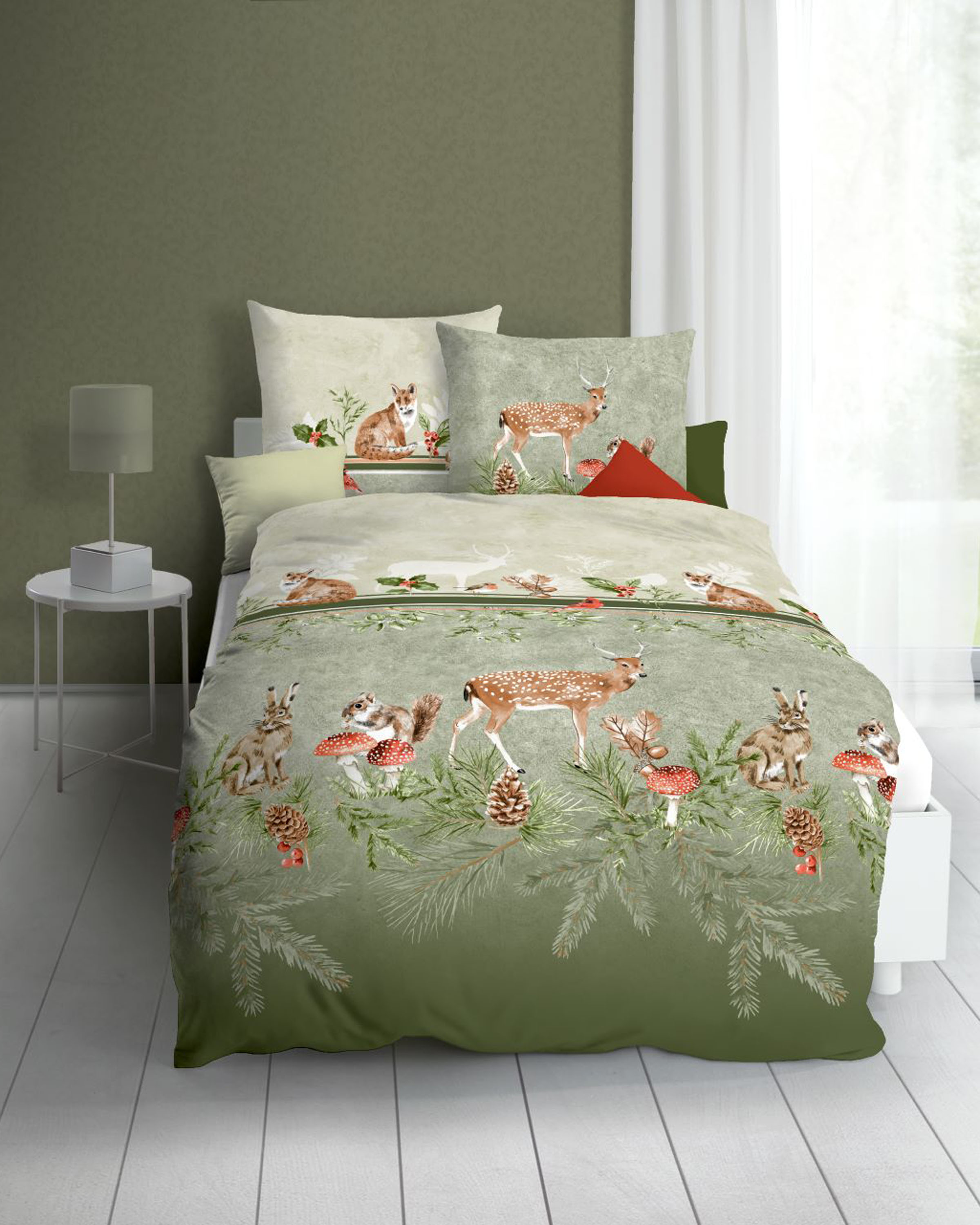Dessin-228-Under-the-Mistletoe-Colorit-33-oliv-Mapping Biber Bettwäsche oliv