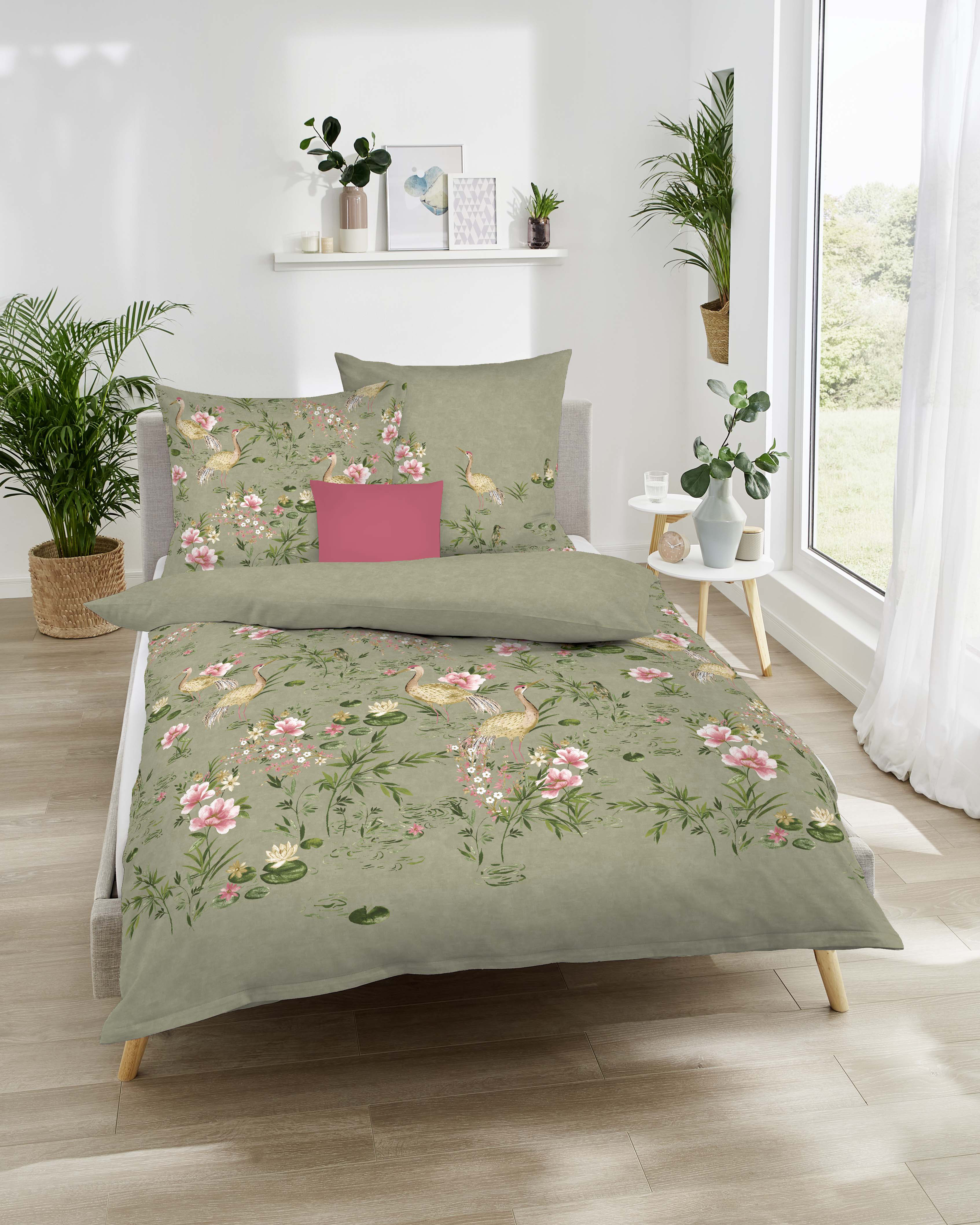 Biber Bettwäsche mit floralem Muster 535 oliv-grün