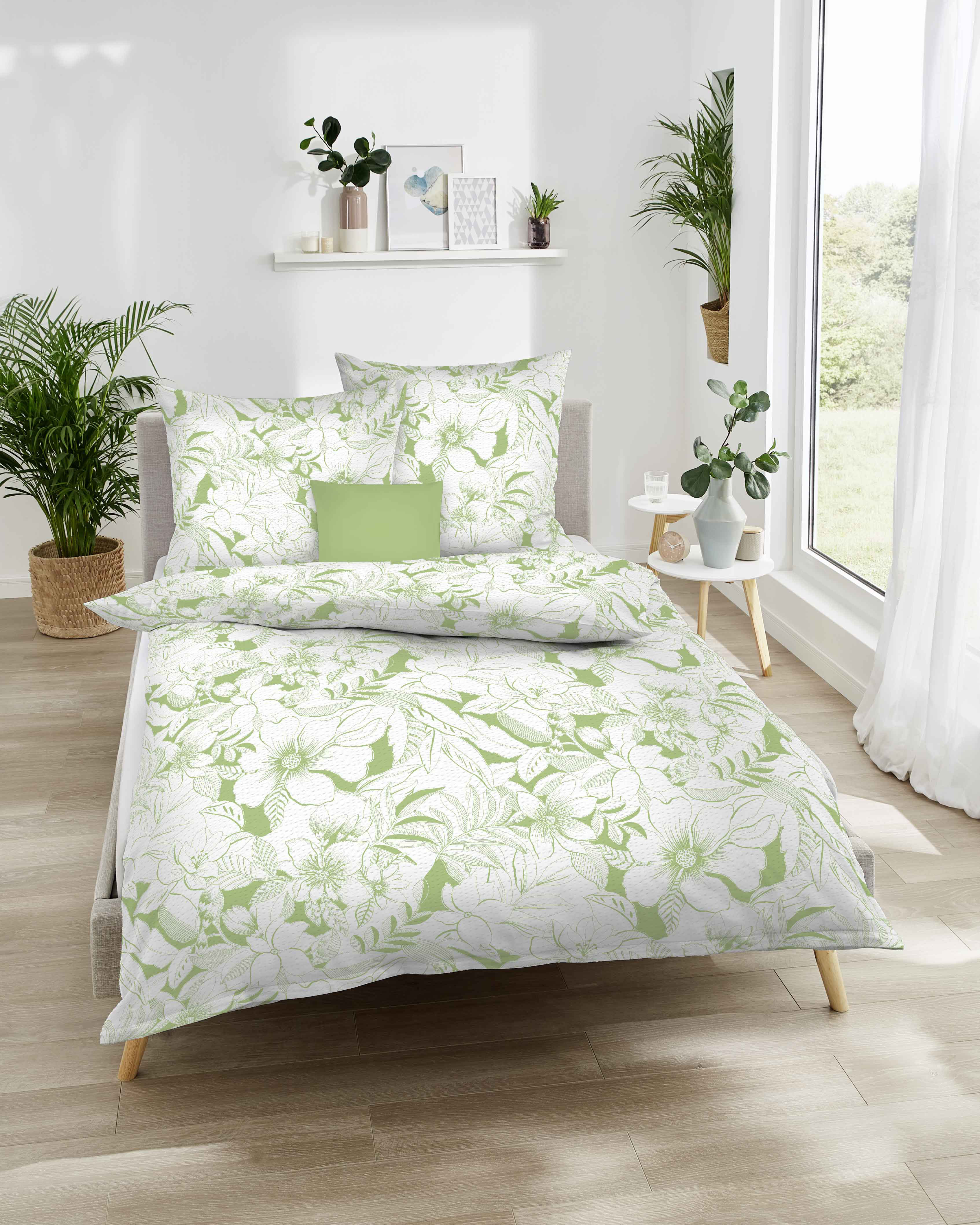 Seersucker Baumwolle Bettwäsche mit Blumen-Muster in Grün