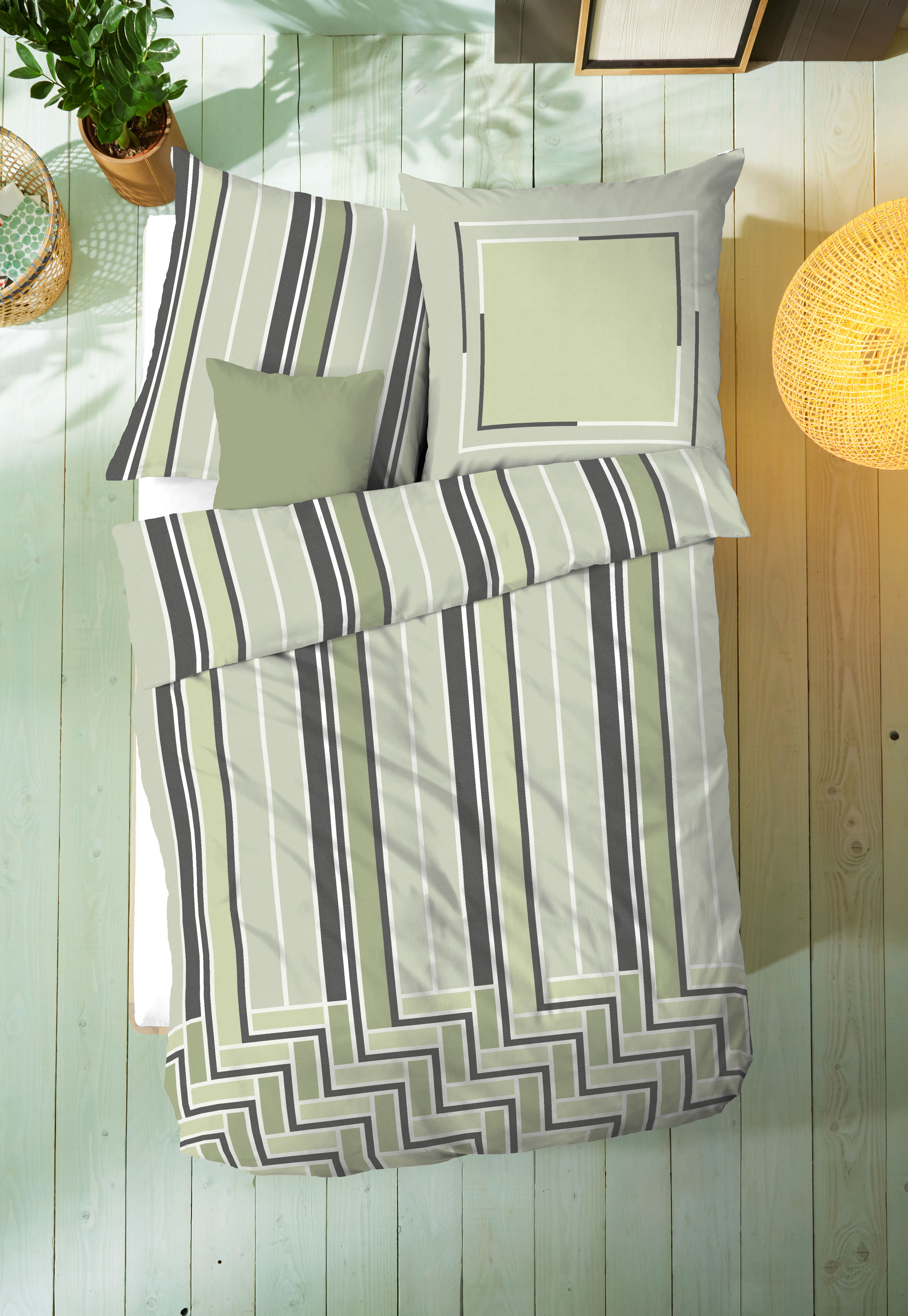 Mako Satin Bettwäsche mit Streifen-Muster in Kiwi-Grün