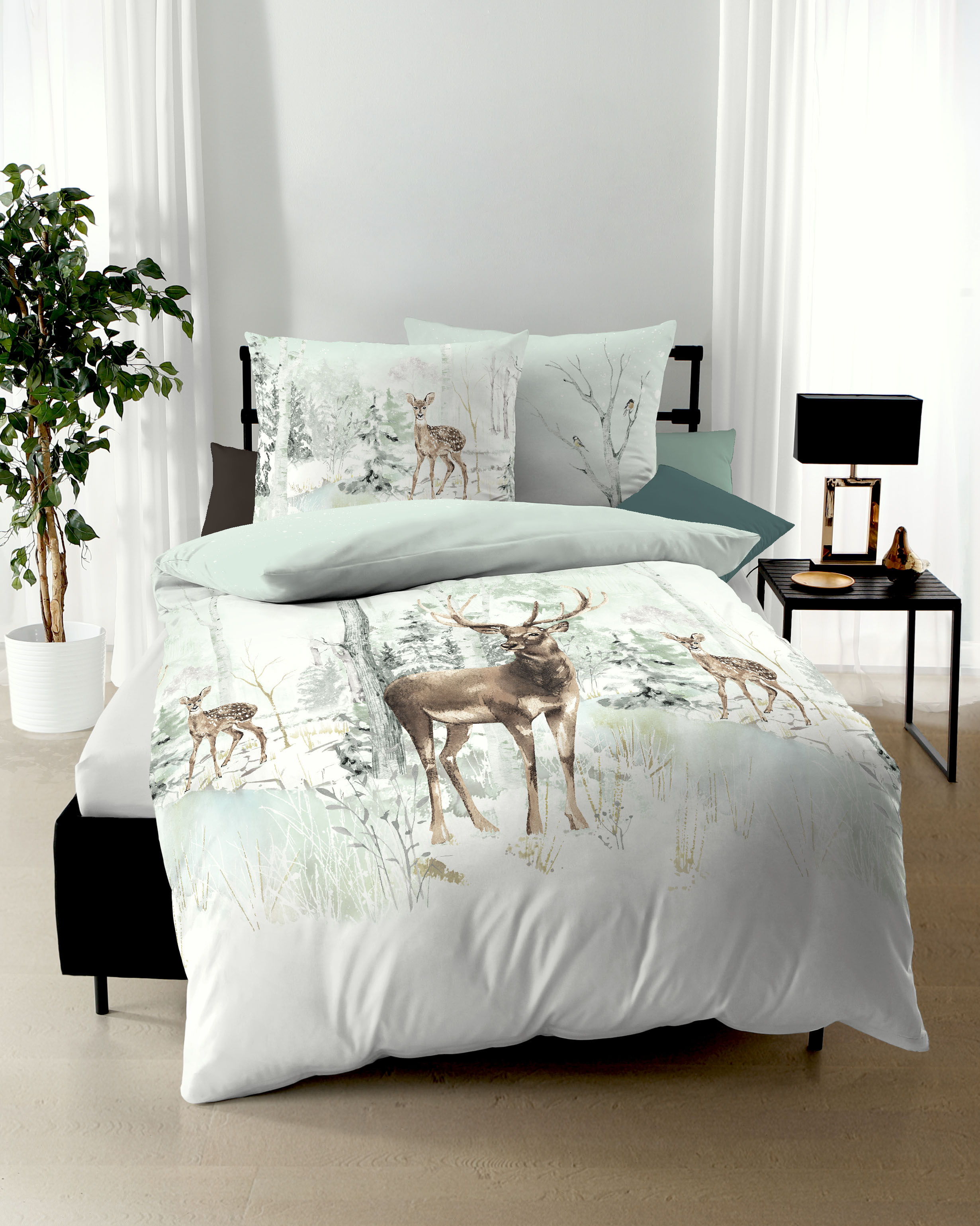 Biber Bettwäsche mit Hirsch-Motiv 416 jade-grün