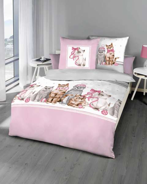 Biber Bettwäsche Katzen rosé Biber Bettwäsche Katzen rosé
