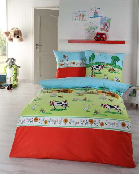 Kinderbettwäsche RENFORCÈ Bauernhof in rot grün Kinderbettwäsche RENFORCÈ Bauernhof in rot grün